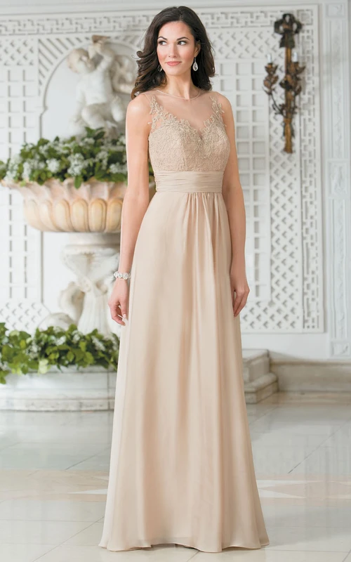 Ärmelloses, langes A-Linien-Abendkleid mit V-Ausschnitt und Illusionsrücken