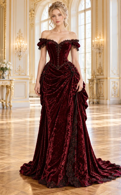 Robe de soirée longue victorienne bordeaux à épaules dénudées, corset en velours drapé et épaules dénudées