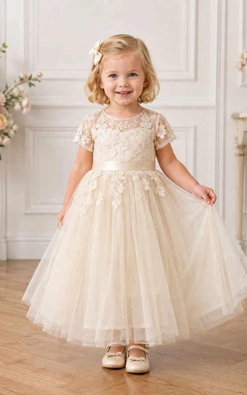 Champagne Scoop Neck Short Sleeve Lace Tulle Tea-Length Flowergirl Dress