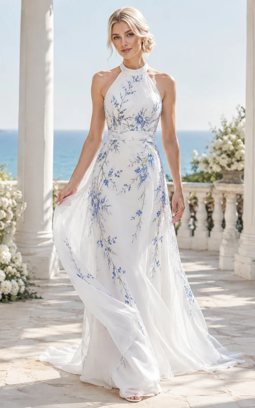 Himmelblaues, figurbetontes, ärmelloses Brautkleid mit hohem Kragen und modernem Schnitt aus Spitze