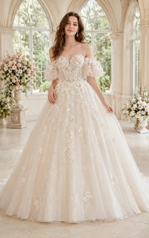 Robe de bal romantique en dentelle florale à épaules dénudées et manches bouffantes, robe de mariée avec traîne chapelle
