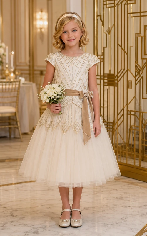 Vestido de niña de flores color marfil, largo midi, tul con cuentas, corte en A, estilo vintage geométrico, manga corta, lazo color champán.