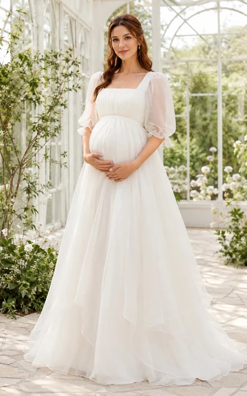 Maternity Wedding Dress Square Neck Puff Sleeve Simple Garden Bridal Gown with Train