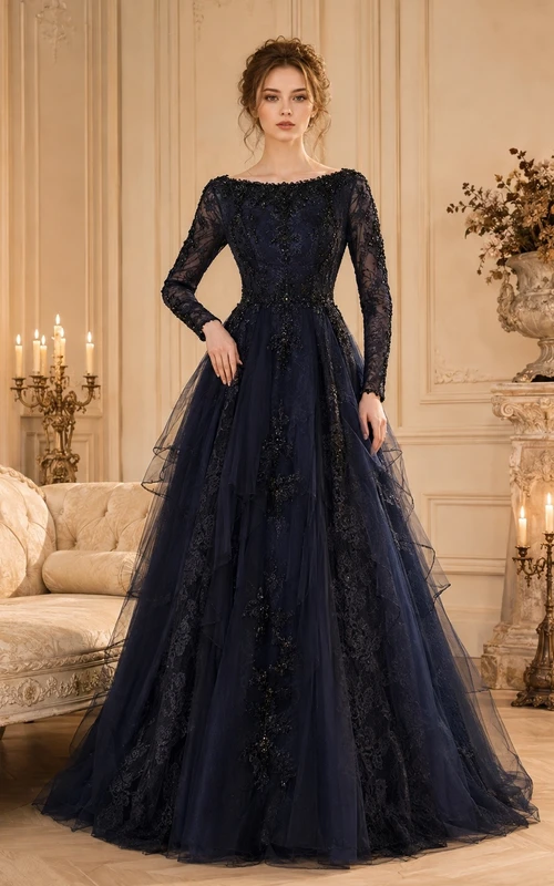 Vestido formal vintage modesto de gasa azul marino de manga larga hasta el suelo con escote redondo y corte en A.