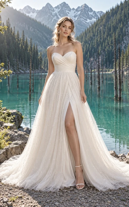 Vestido de novia sencillo de corte A con escote corazón, sin tirantes y de tul.