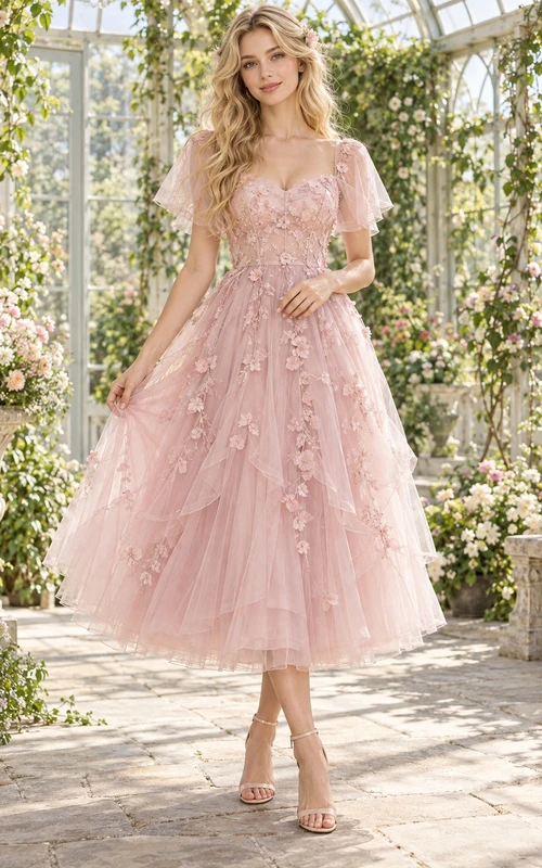 Robe de fée rose poudré mi-longue à manches papillon et décolleté cœur en tulle fleuri superposé