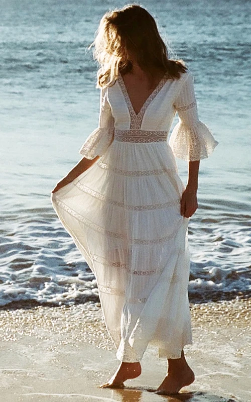 Robe de mariée deux pièces en dentelle décontractée, fourreau, manches poétiques, dos nu en V