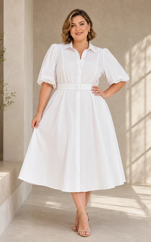 Plus Size White Tea-Length Notched Puff Sleeve Courthouse Dress Ceremony