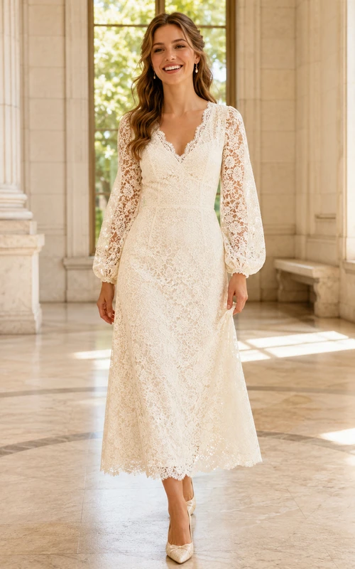 Vintage Courthouse V-Neck Long Illusion Sleeve Lace Tea Length A-Line Wedding Dress