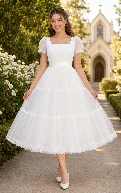 Square Neck Puff Sleeve Tulle Communion Girl Dress