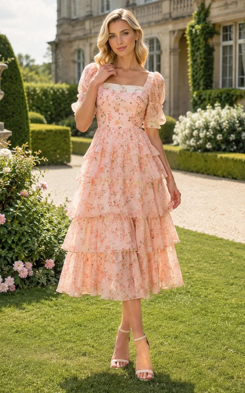Peach Floral Square Neck Puff Sleeve Tiered Guest Dress