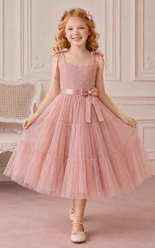 Flower Girl Dress Dusty Rose Lace Tulle A-Line Scoop Neck Tea Length Ruffle Detail Tiered Skirt