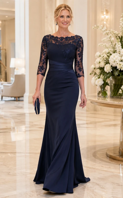 Modest Navy Bateau Three Quarter Lace Sleeve Mermaid Mother Wedding Dress