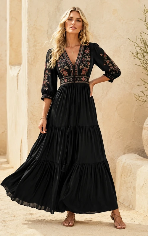 Vestido de noche ceremonial negro de gasa con encaje, escote en V, manga larga y corte en A hasta los tobillos