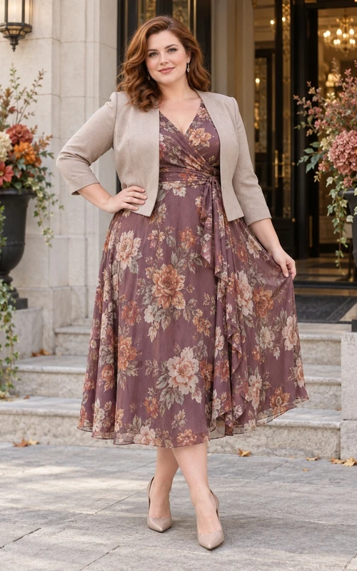 Vestido de fiesta de talla grande color malva con estampado floral, cuello en V, estilo chaqueta tres cuartos, largo hasta la rodilla, corte en A.