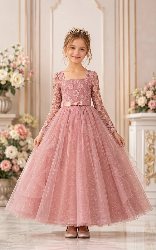 A-line Floor Length Long Sleeve Illusion Tulle Lace Flower Girl Dress with Dusty rose long lace sleeves and tulle skirt