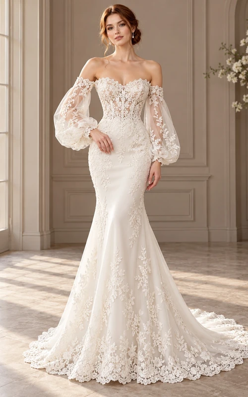 Mermaid Off Shoulder Balloon Sleeve Fine Floral Lace Wedding Dress