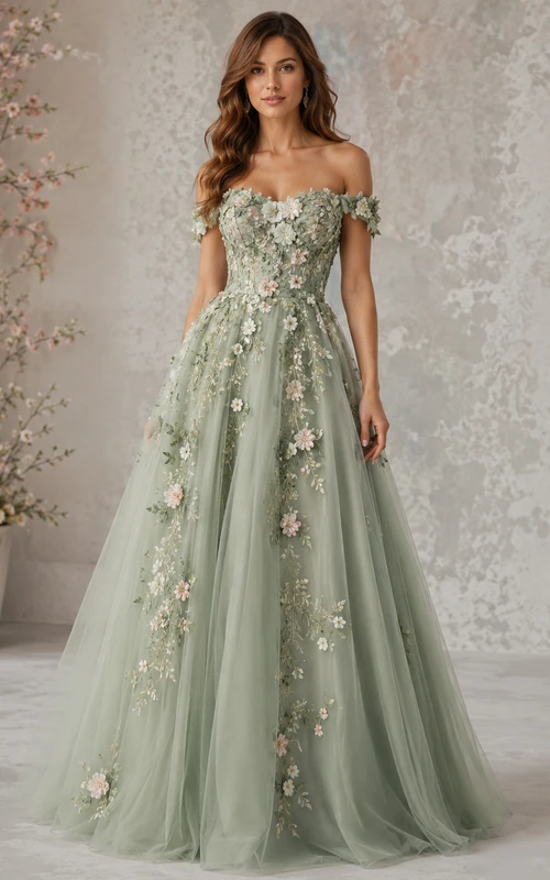 Vestido de fiesta de encaje con corte en A, escote Bardot, sin mangas y apliques florales, largo hasta el suelo.