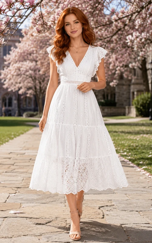 White Eyelet V Neck Flutter Sleeve Tiered Midi Dress