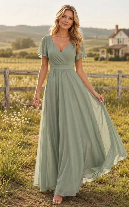 Sage Chiffon A-Line V-Neck Flutter Sleeve Pleated Low Back Floor-Length Bridesmaid Dress