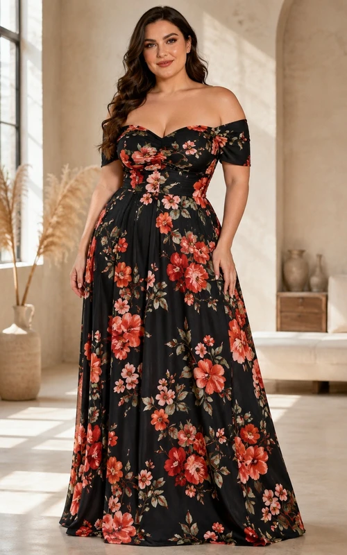 Bohemian Plus Size Black Floral Chiffon A-Line Floor-Length Off-Shoulder Dress