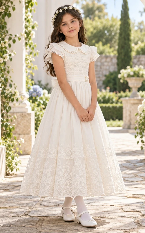 Ivory Scalloped Collar Smocked Lace Cap Long First Communion Dress