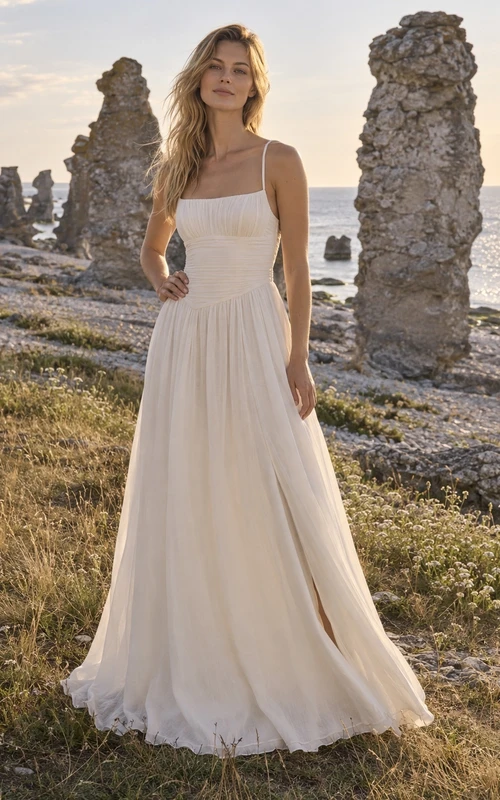 Vestido de novia de corte A con escote cuadrado en voile de algodón, corpiño con paneles y tirantes cruzados en la espalda.