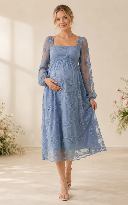Steel Blue Floral Lace Long Sleeve Maternity Tea Length Dress