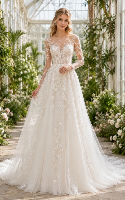 Long Sleeve Embroidered Floral Conservatory A Line Wedding Gown