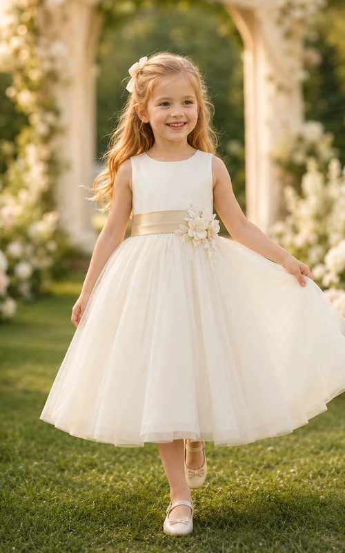 Klassisches A-Linien-Kleid aus Tüllspitze für Blumenmädchen mit kurzen Ärmeln, Rundhalsausschnitt, wadenlangem Rock und Schleifendetail.