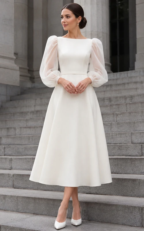 Modest Bateau Neck Sheer Long Sleeve Tea Length Wedding Dress