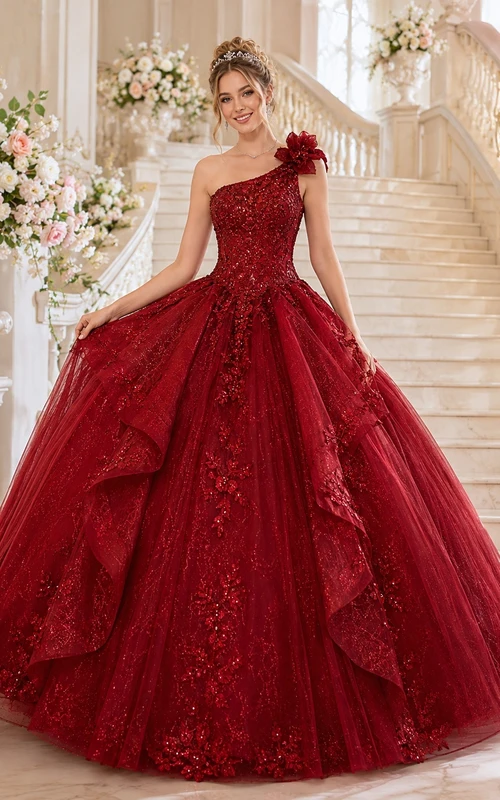 Robe de bal en tulle rouge à appliqués floraux, asymétrique sans manches, à traîne, pour quinceañera.