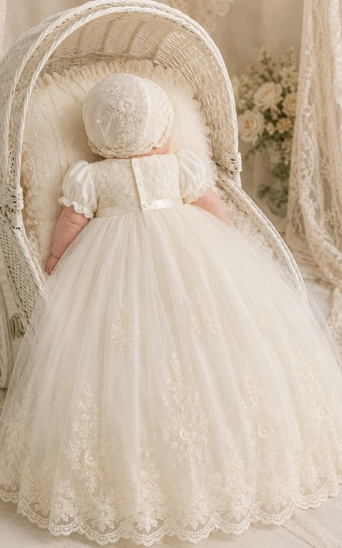 Christening Gown A-Line Tulle Lace Jewel Neck Short Sleeve Scalloped Hem