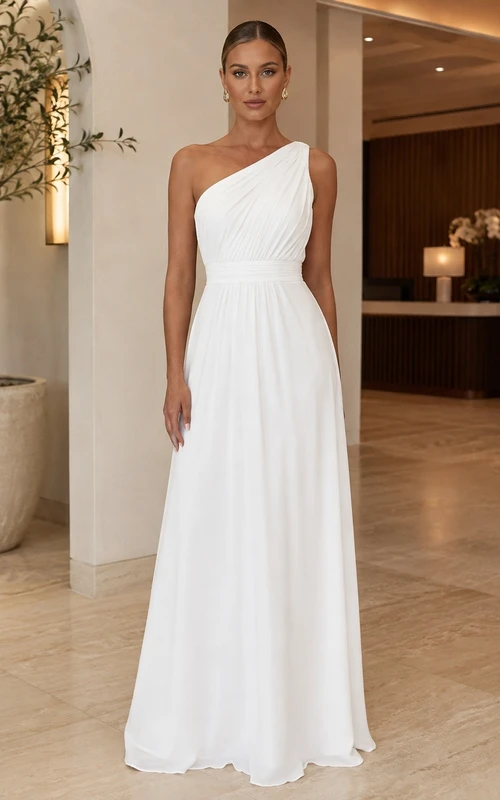 Elegant White One-Shoulder Sleeveless Chiffon A-Line Floor-length Dress