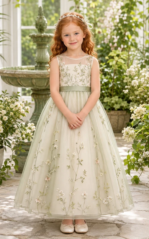 Vestido de niña de las flores color verde salvia, encaje y tul, corte en A, escote redondo, largo hasta el suelo.