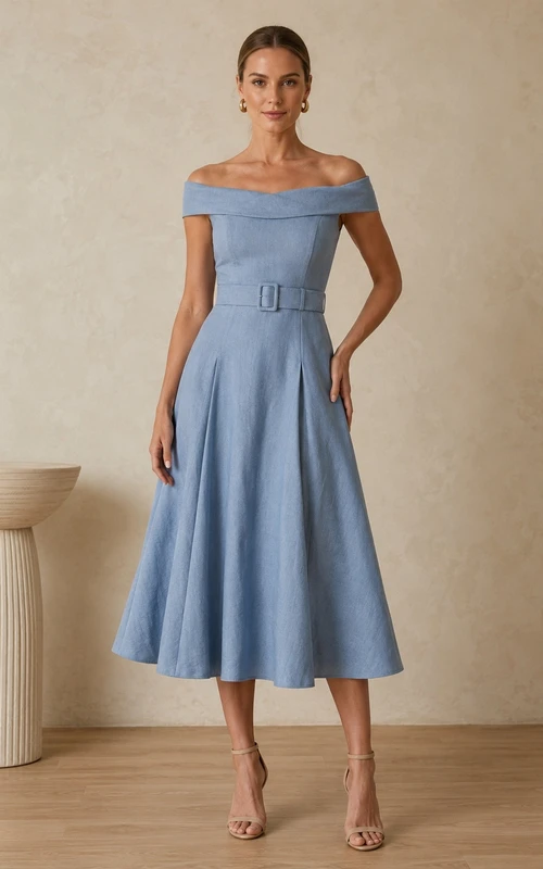 Robe plissée en lin bleu acier, épaules dénudées, manches courtes et coupe trapèze.