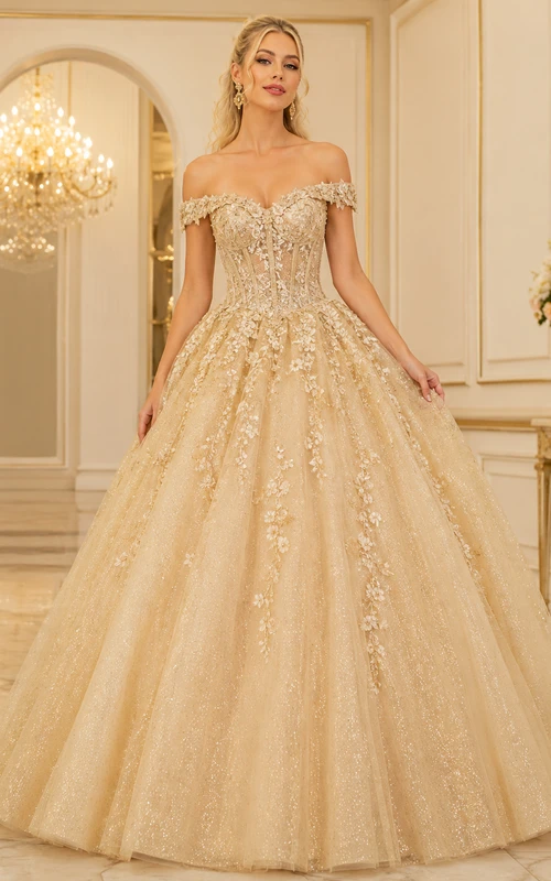 Gold Luxury Off Shoulder Sweetheart Glitter Floral Applique Sweet Sixteen Princess Ball Gown