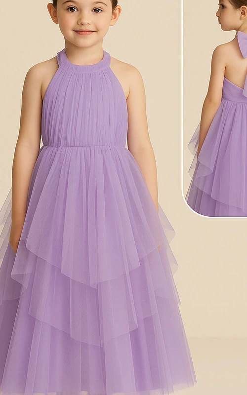Ärmelloses, lila Tüll-Blumenmädchenkleid mit Rundhalsausschnitt und mehreren Lagen