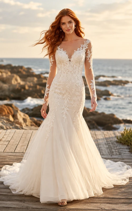 Robe de mariée sirène en dentelle et tulle, col en V, manches longues et traîne.