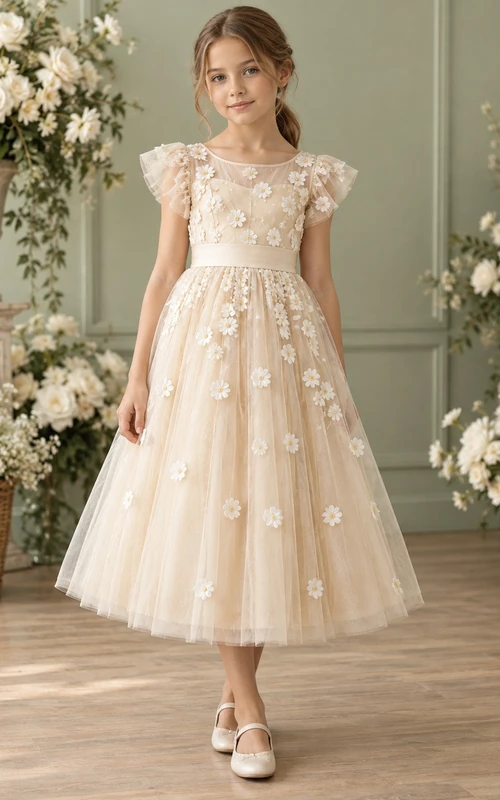 Tea-length Champagne Daisy Floral Flutter Sleeve Tulle A-line Flower Girl Dress