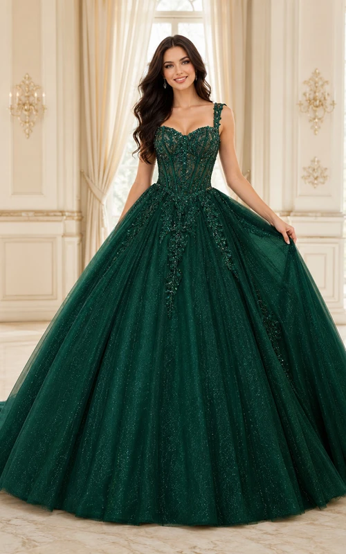 Dark Green Strap V-Neck Glitter Beaded Tulle Ball Gown Chapel Train Quinceanera Dress