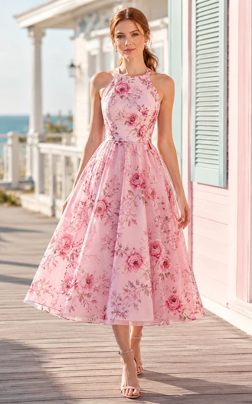Pink Floral Halter Neck Tea Length Summer Dress