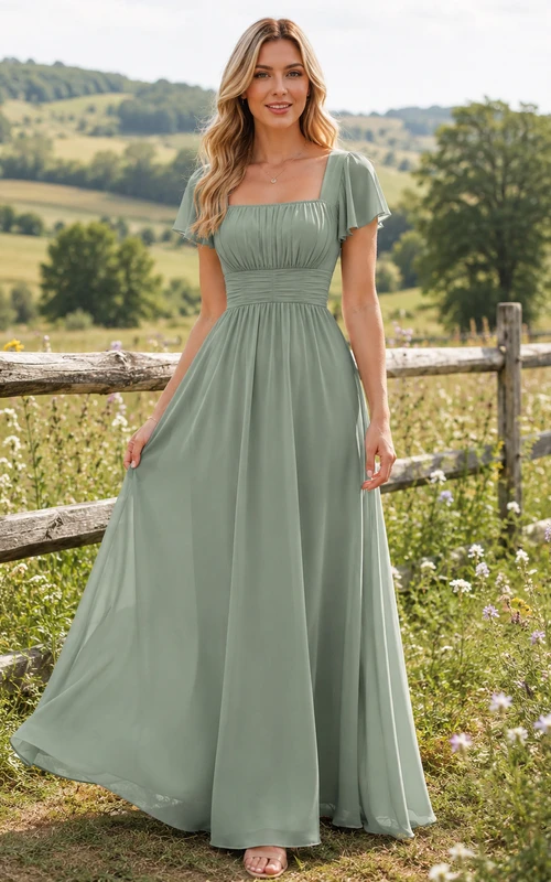 Sage Chiffon A-Line Square Neck Flutter Sleeve Pleated Zip Back Floor-Length Bridesmaid Dress