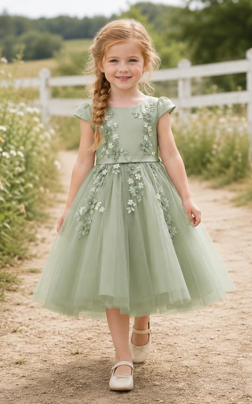 Robe de demoiselle d'honneur Sage, coupe trapèze, en tulle, col bijou, manches courtes, à imprimé floral, longueur thé