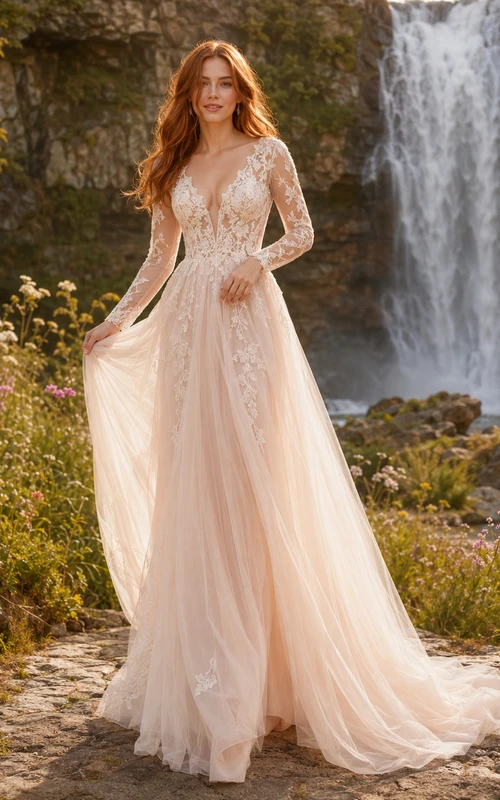 Plunging V Neck Long Sleeve Lace Waterfall Gown
