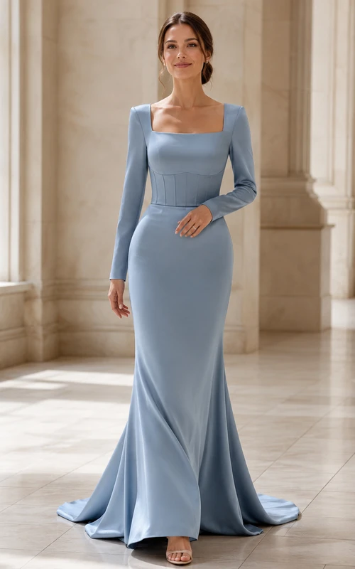 Schieferblaues, modernes Brautkleid aus Satin mit eckigem Ausschnitt, langen Ärmeln und Meerjungfrauenschnitt