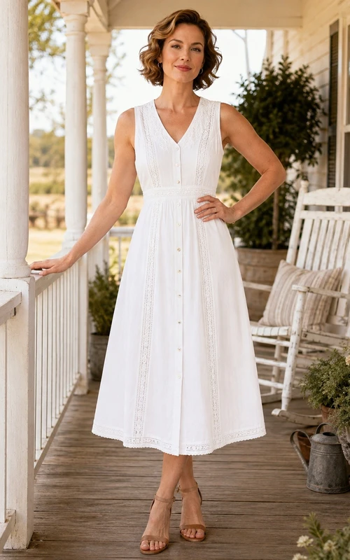 Vestido de campo blanco sin mangas con tirantes y escote en V, largo hasta la rodilla, ideal para invitadas.