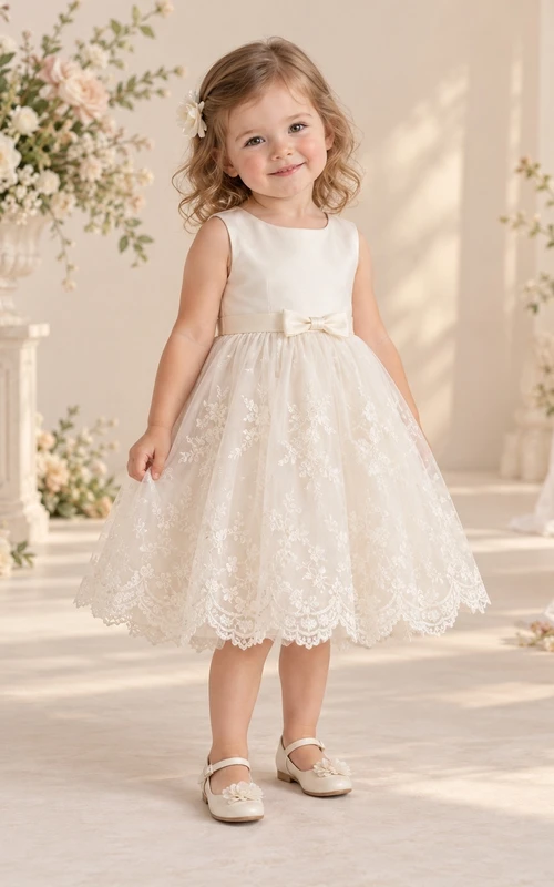 Teelanges, elfenbeinfarbenes, geblümtes Sommerkleid in A-Linie mit Spitze, ärmellos, mit Muschelsaum und Spitze
