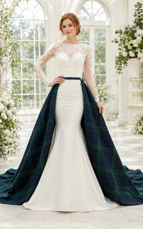 Schottisches Clan-Tartan-Hochzeitskleid im Meerjungfrauenstil mit abnehmbarem Rock, langen Ärmeln, hohem Kragen und Spitze