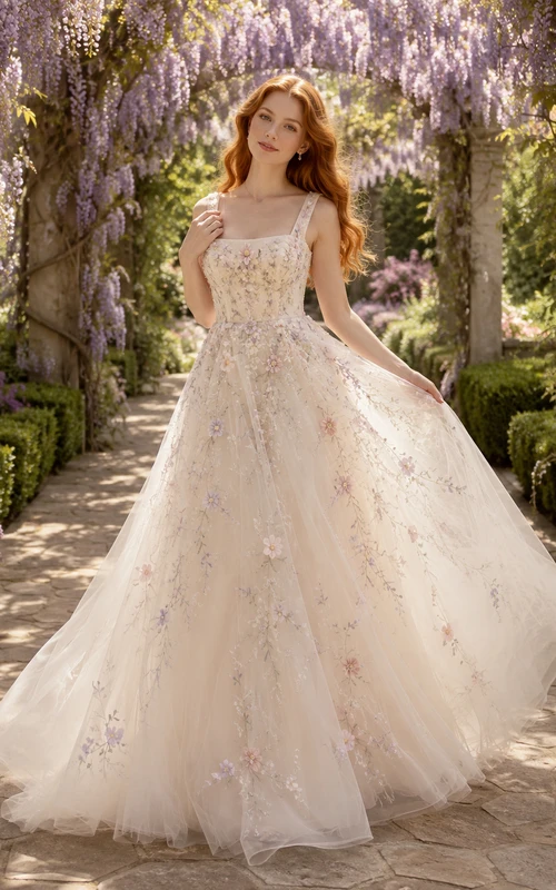 Square Neck Colored Floral Tulle Garden Bridal Gown